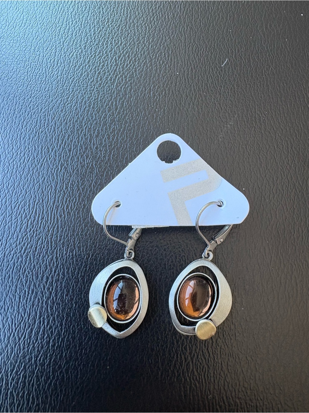 NEW Christophe Poly $84 earrings brushed silver & gold w/brown stone